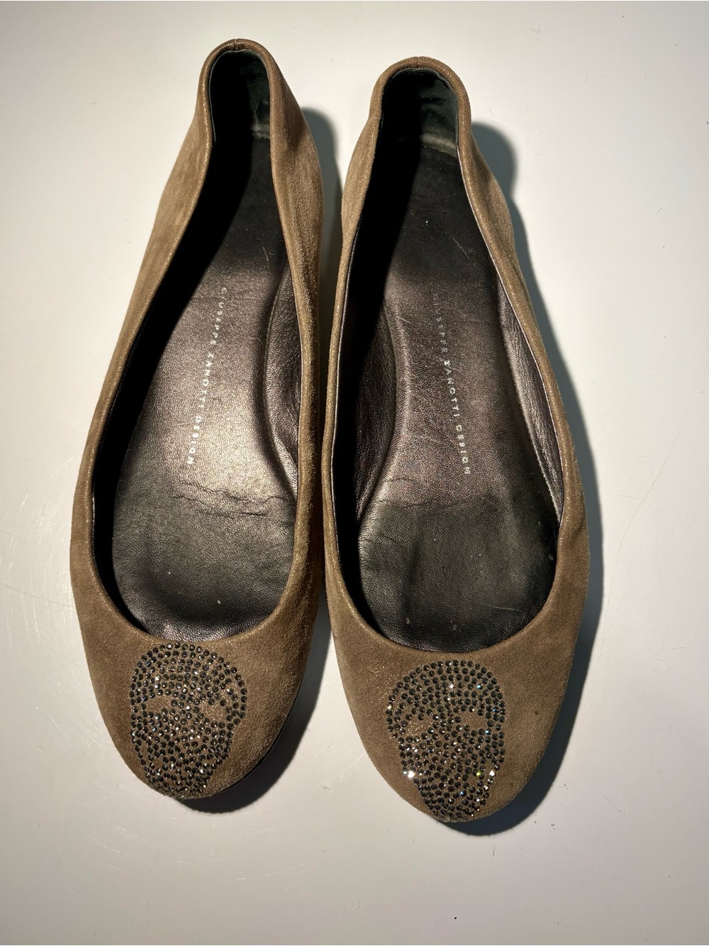 Giuseppe Zanotti Brown Suede Crystal Skull Flats - Women